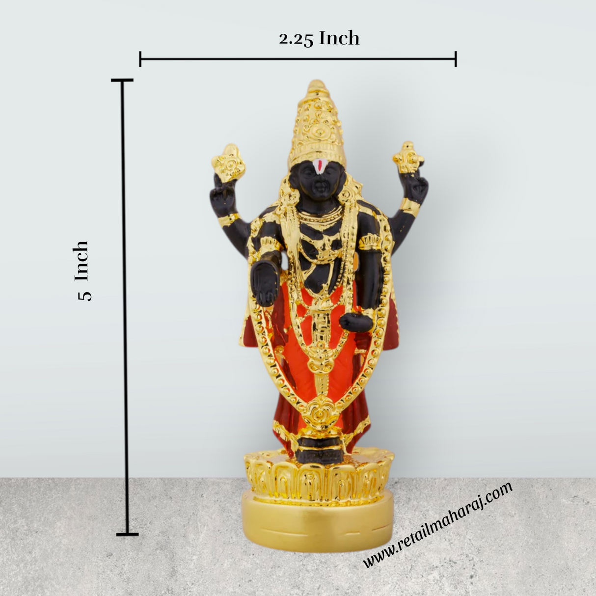 Vishnu Murti Standing On Lotus - 5 x 2.25 Inches | Gold Polish Balaji Murti/ Resin Balaji Idol for Pooja - Retail Maharaj