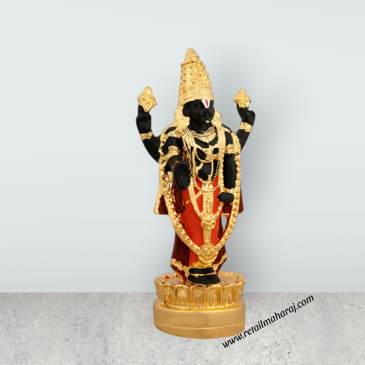Vishnu Murti Standing On Lotus - 5 x 2.25 Inches | Gold Polish Balaji Murti/ Resin Balaji Idol for Pooja - Retail Maharaj