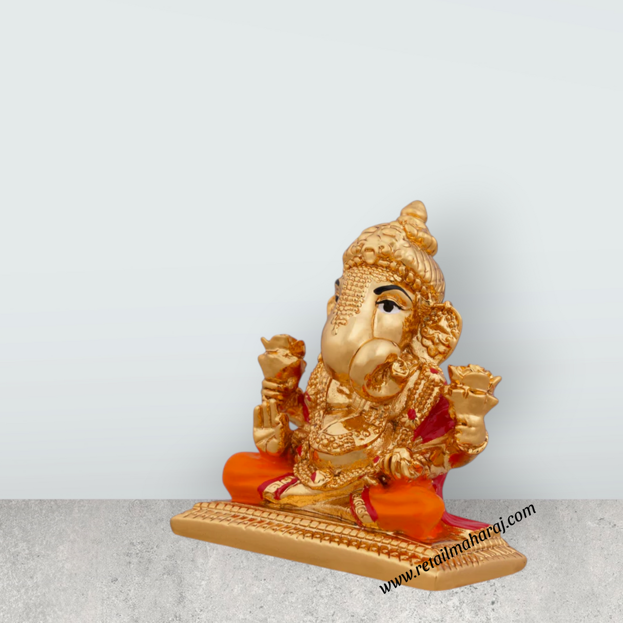 Ganesh Murti Sitting On Bajot - 2.75 x 2 Inches | Metal Gold Polish Vinayaka Statue/ Ganpati Statue for Pooja - Retail Maharaj