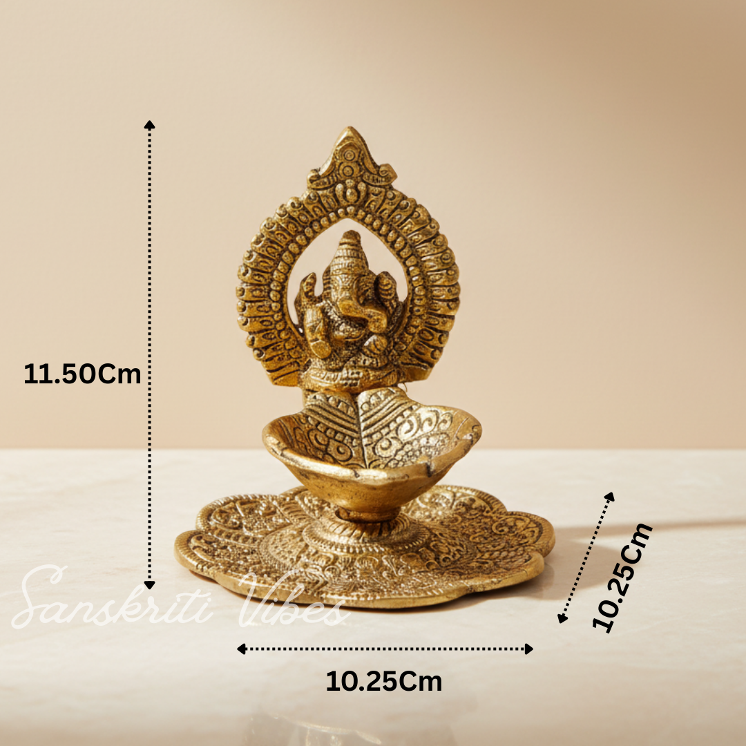 Aluminium Metal Ganesh Diya with Swastik Engraving – Gold Plated Hath Deepak Ganesh Statue for Home Decor & Auspicious Puja (Glossy Finish, Made in India)