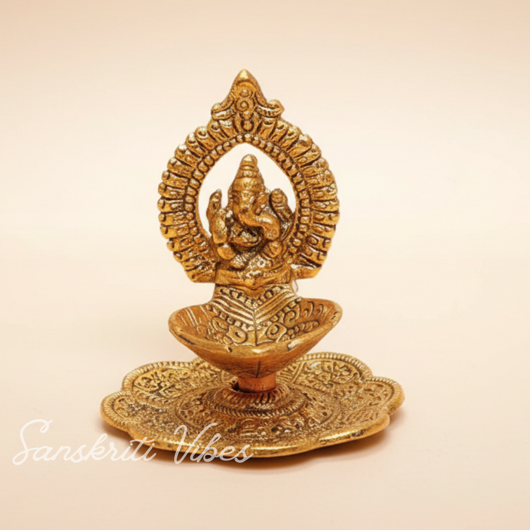 Aluminium Metal Ganesh Diya with Swastik Engraving – Gold Plated Hath Deepak Ganesh Statue for Home Decor & Auspicious Puja (Glossy Finish, Made in India)