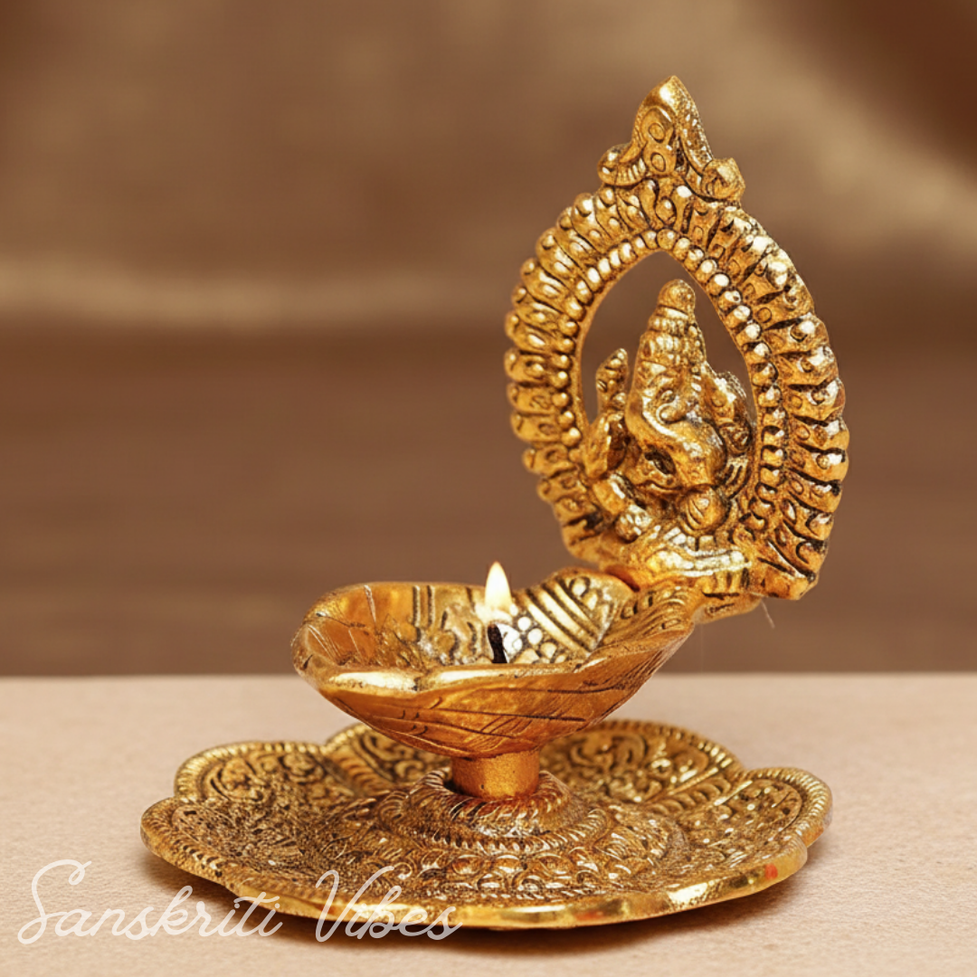 Aluminium Metal Ganesh Diya with Swastik Engraving – Gold Plated Hath Deepak Ganesh Statue for Home Decor & Auspicious Puja (Glossy Finish, Made in India)