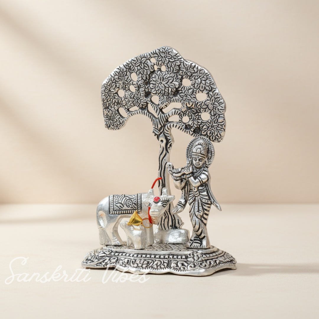 Metal Krishna Idol with Kamdhenu Cow Standing Under Tree – Decorative Showpiece Figurine for Pooja & Home Temple by Sanskriti Vibes | Glossy Finish - Retail Maharaj