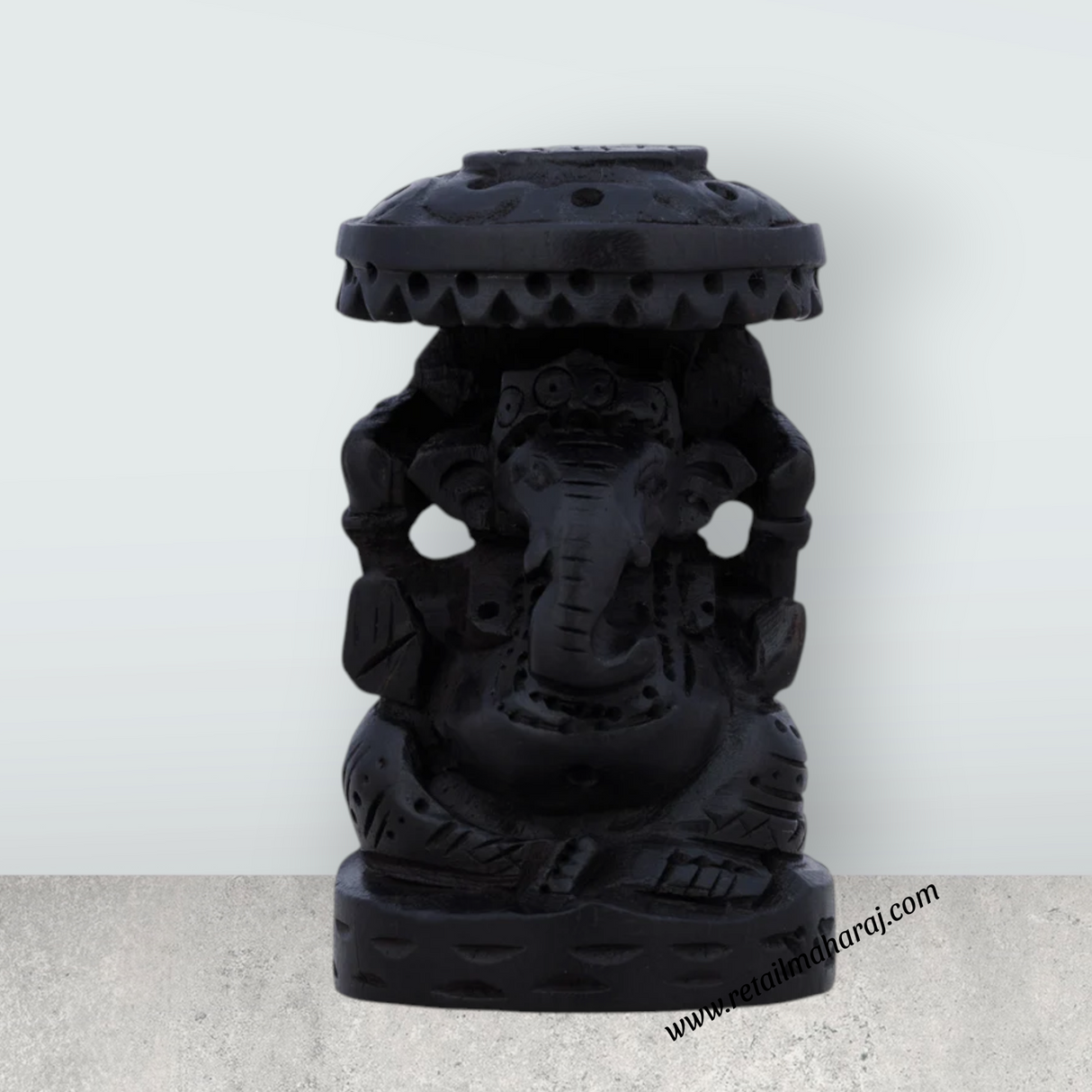 Ganesh Murti Sitting On Base - 2 x 1.25 Inches | Karungali Statue/ Vinayaka Statue With Umbrella for Pooja - Retail Maharaj
