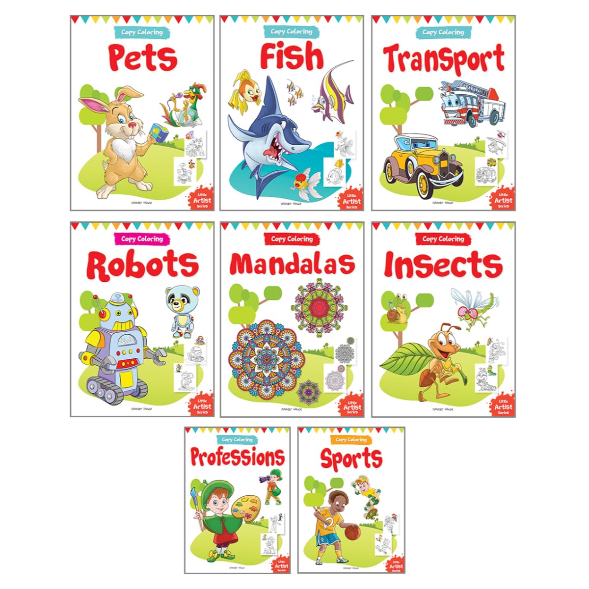 Let's Color: Copy Color Art Pack of 8 Books (Transport, Professions, Pets, Fish, Insects, Robots, Mandalas and Sports) - 3 years to 8 years - Retail Maharaj