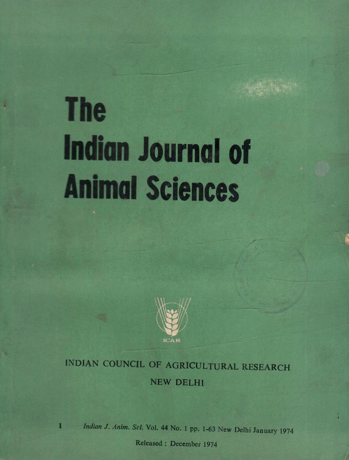 The Indian Journal Of Animal Sciences - Vol. 44 , No. 1 To 12 (Year 1974 January To December) (Set Of 12 Issues)