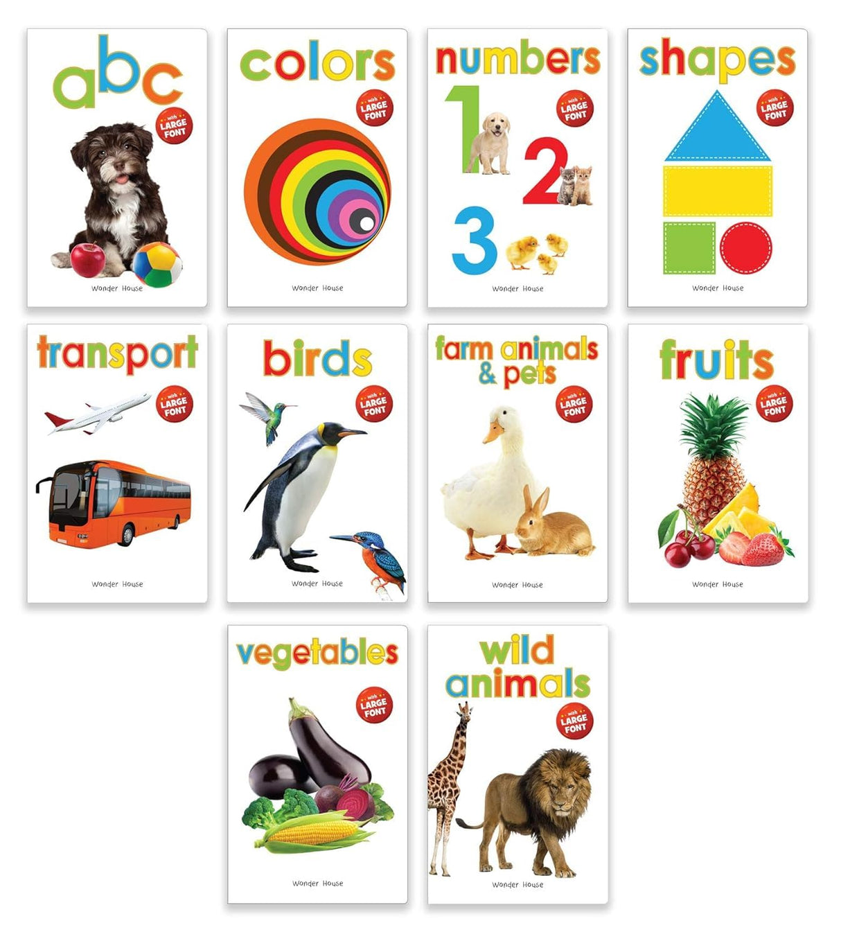 Early Learning Library – Box Set of 10 Books: Big Board Books Series with Large Font for Kids | Includes ABC, Numbers, Shapes, Colours, Birds, Wild Animals, Farm Animals & Pets, Fruits, Vegetables, Transport | Bold Text & Bright Pictures | Ages 0–5 Years - Retail Maharaj