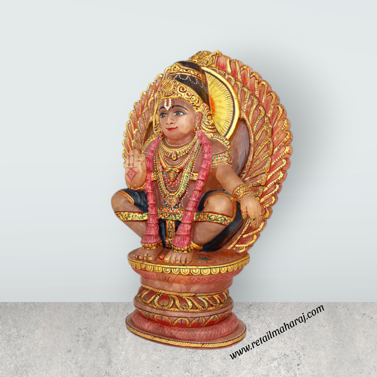 Ayyappan Sitting on Base Murti - 16 x 11 Inches | Rose Quartz Ayyappa Idol / Iyyapan Statue for Pooja - Retail Maharaj
