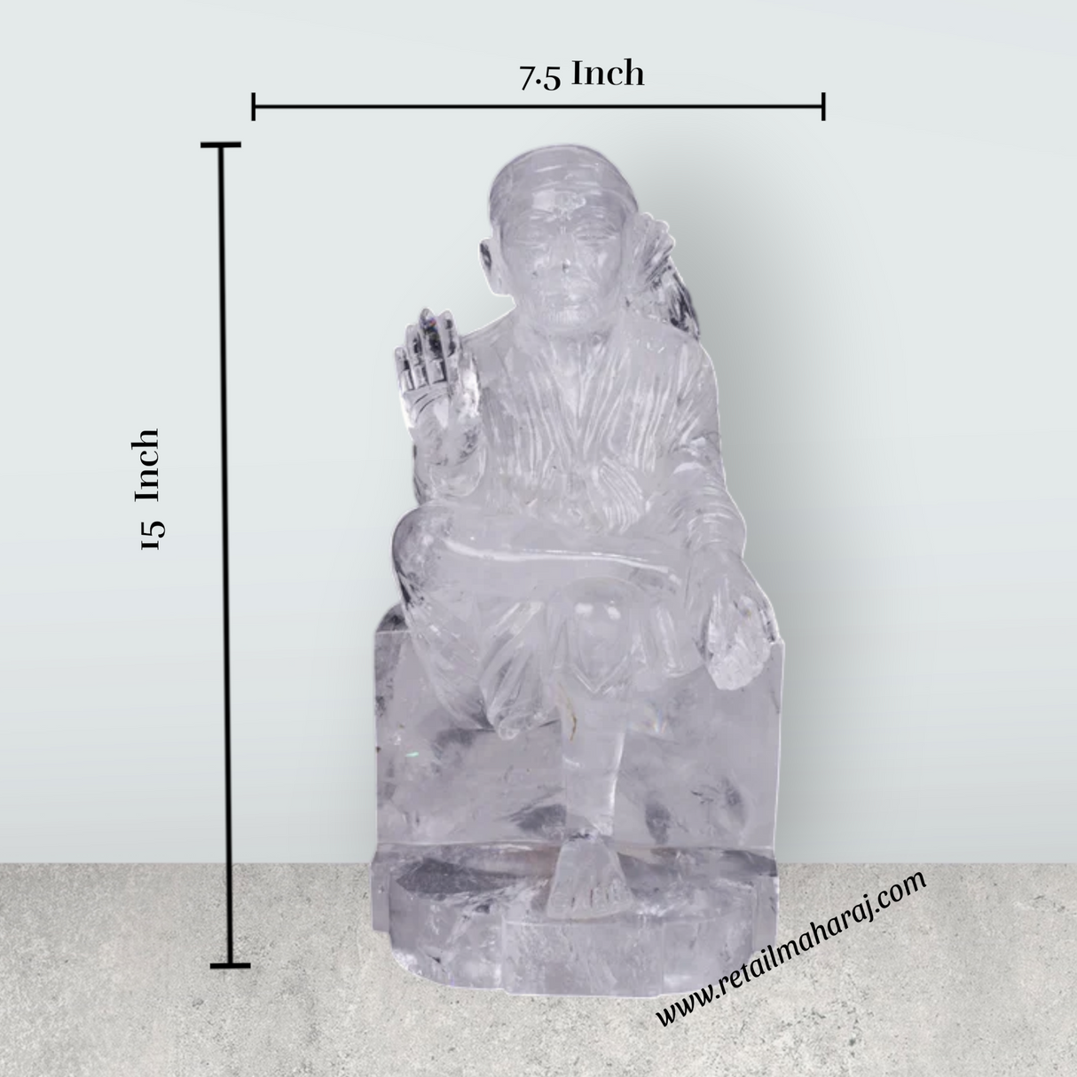 Saibaba Statue - 15 x 7.5 Inches | Spatik Saibaba Idol / Saibaba Sitting Murti / Sai Baba Vigraham - Retail Maharaj