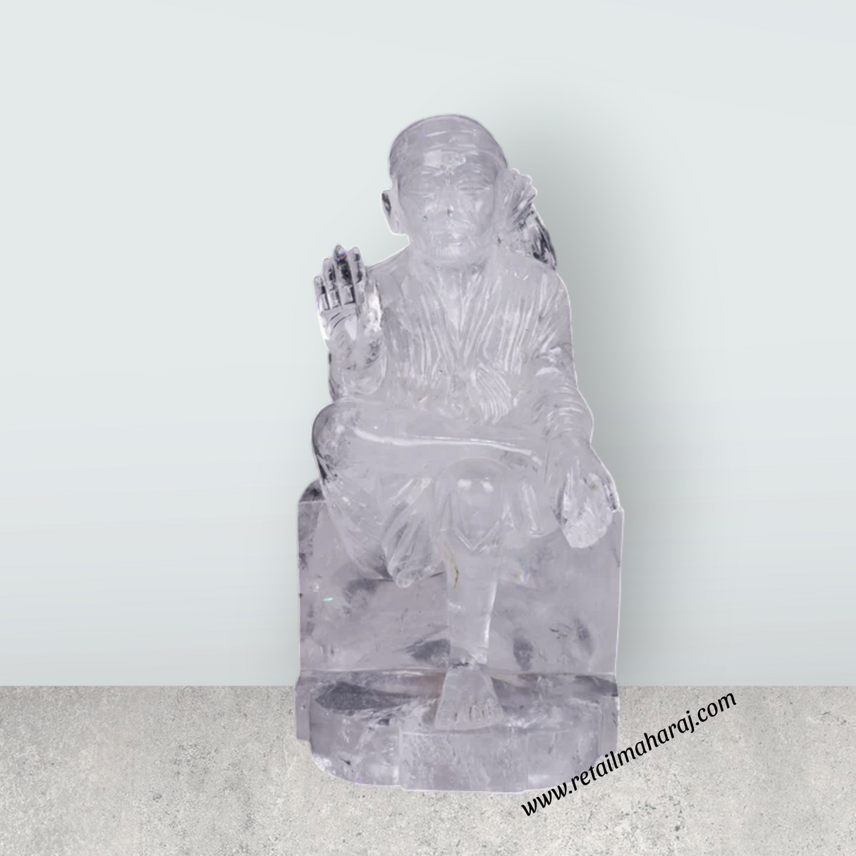 Saibaba Statue - 15 x 7.5 Inches | Spatik Saibaba Idol / Saibaba Sitting Murti / Sai Baba Vigraham - Retail Maharaj