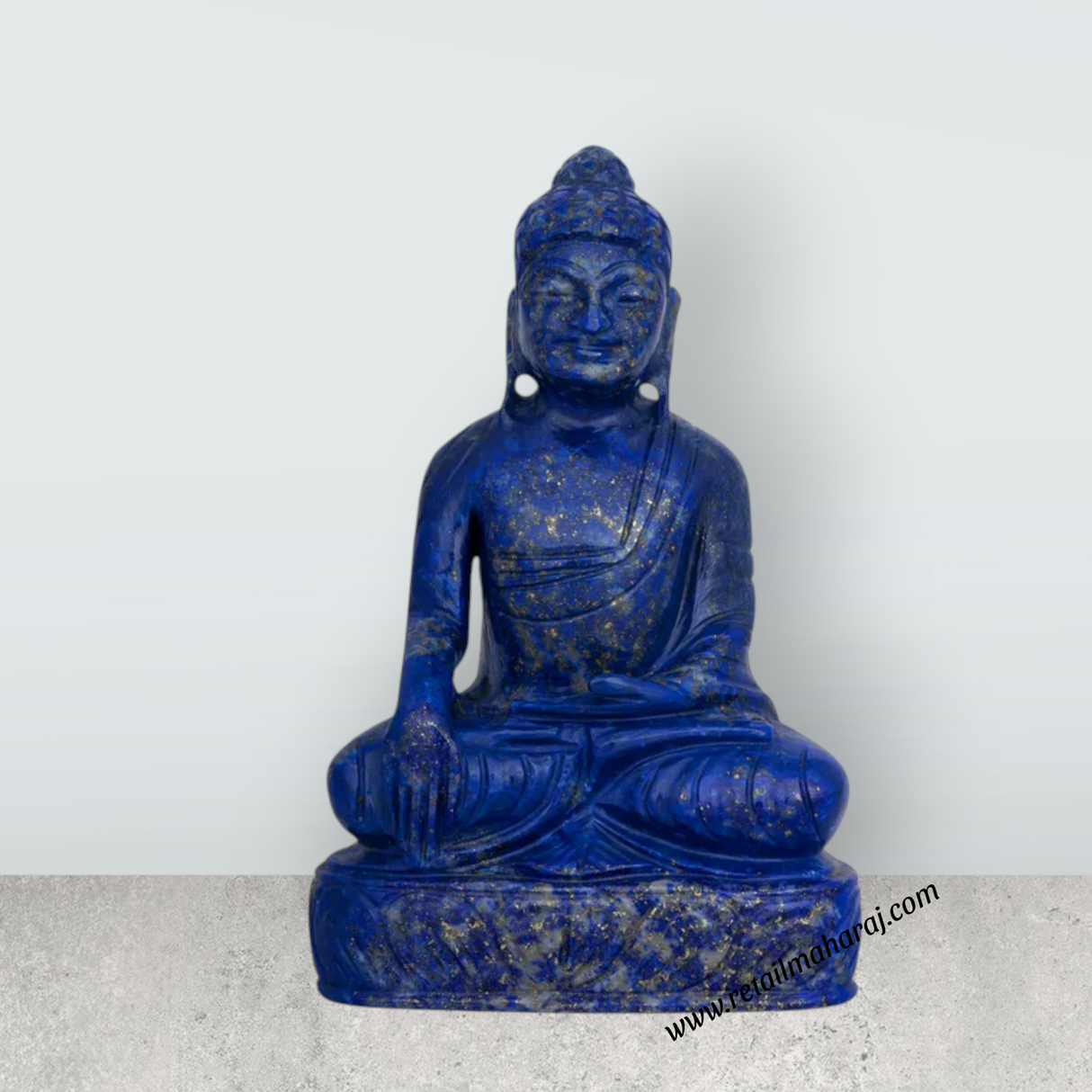 Buddha Sitting on Flower Base Murti - 6 x 4 Inches | Semi Precious Stone Buddha Sculpture/ Lapis Buddha Idol for Home - Retail Maharaj
