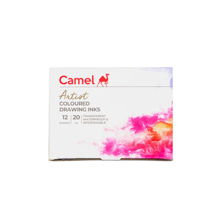 Camel Assorted Coloured Drawing Inks Set of 12 Shades in 20ml Bottles - Retail Maharaj