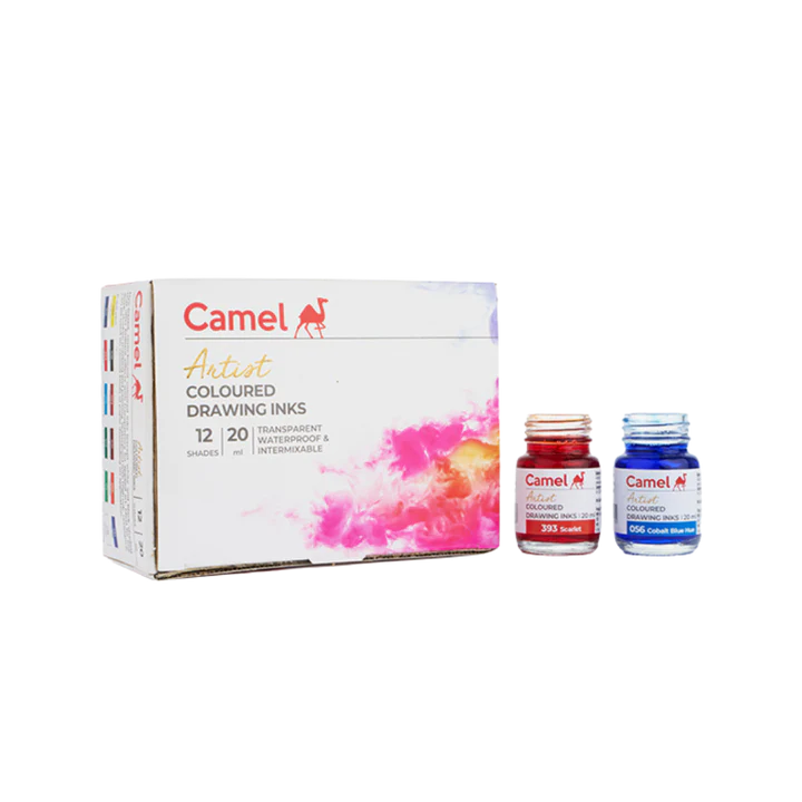 Camel Assorted Coloured Drawing Inks Set of 12 Shades in 20ml Bottles - Retail Maharaj