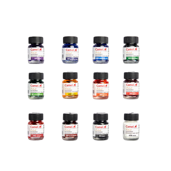 Camel Assorted Coloured Drawing Inks Set of 12 Shades in 20ml Bottles - Retail Maharaj