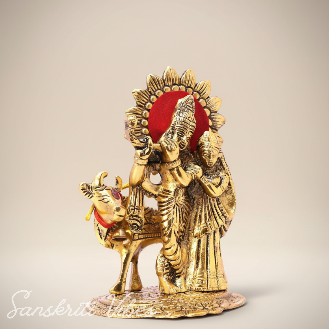 Metal Radha Krishna Standing with Cow Statue for Home Decor, Office Decor and Gift Purpose Decorative Showpiece 16 cm Metal Idol - Retail Maharaj