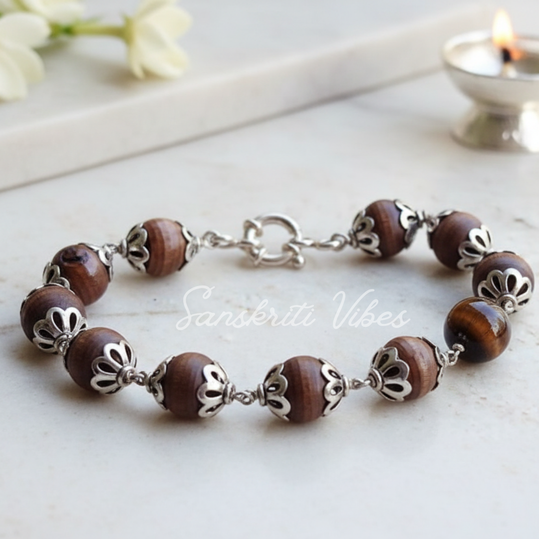 Tulsi Beads with Tiger Ball Bracelet in Silver Cap – 92.5% Silver with 12mm Beads - Retail Maharaj