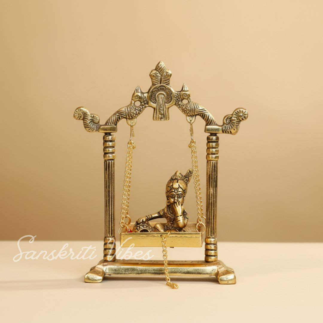 Laddu Gopal Jhula Palana Metal Statue – Gold-Plated Krishna Murti for Home & Office Decor, Religious Gift Idol - Retail Maharaj