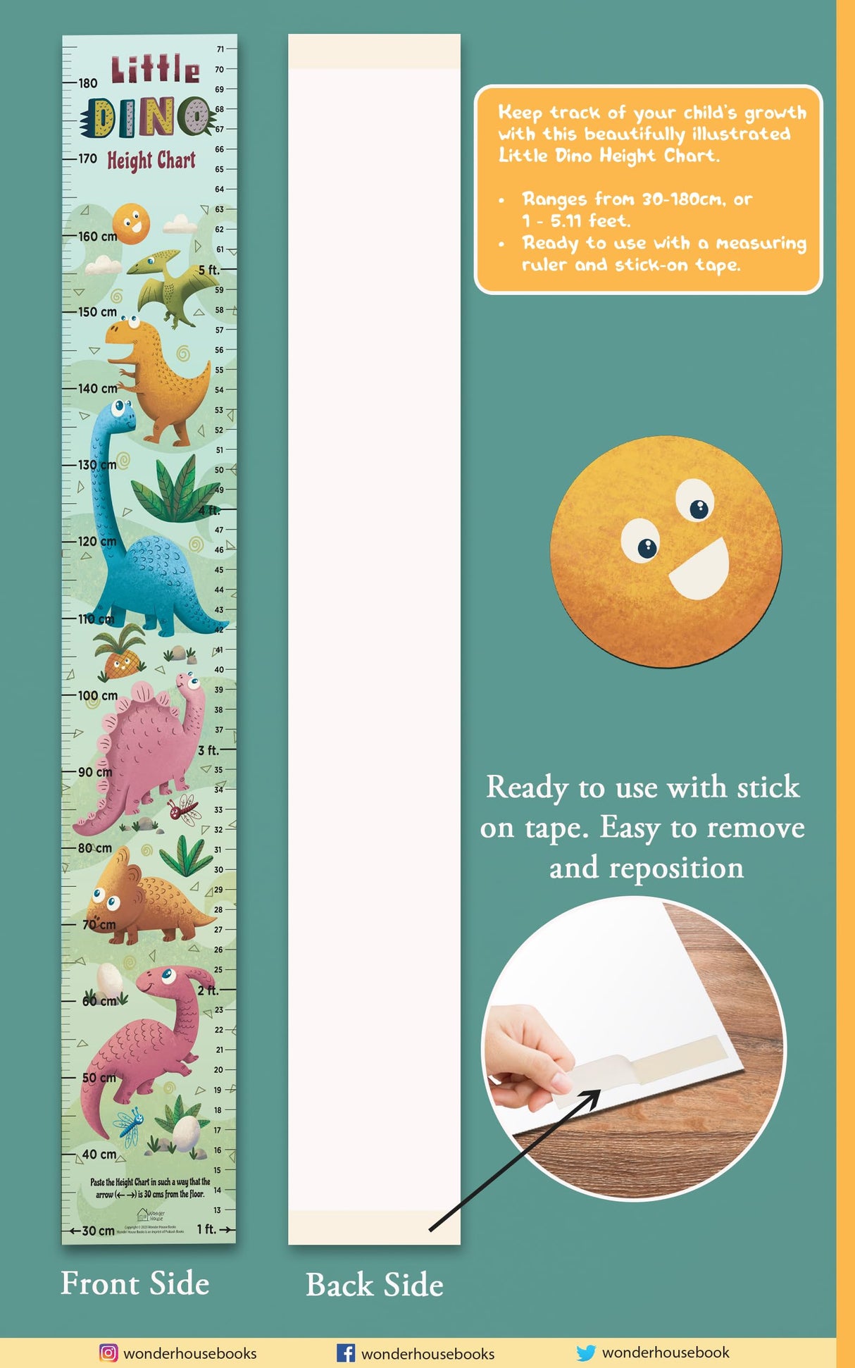 Little Dino Height Chart ( Kids' Height Chart | Height Measuring Scale Sticker | Height Chart Wall Sticker for Children | Nursery Decoration) - Retail Maharaj