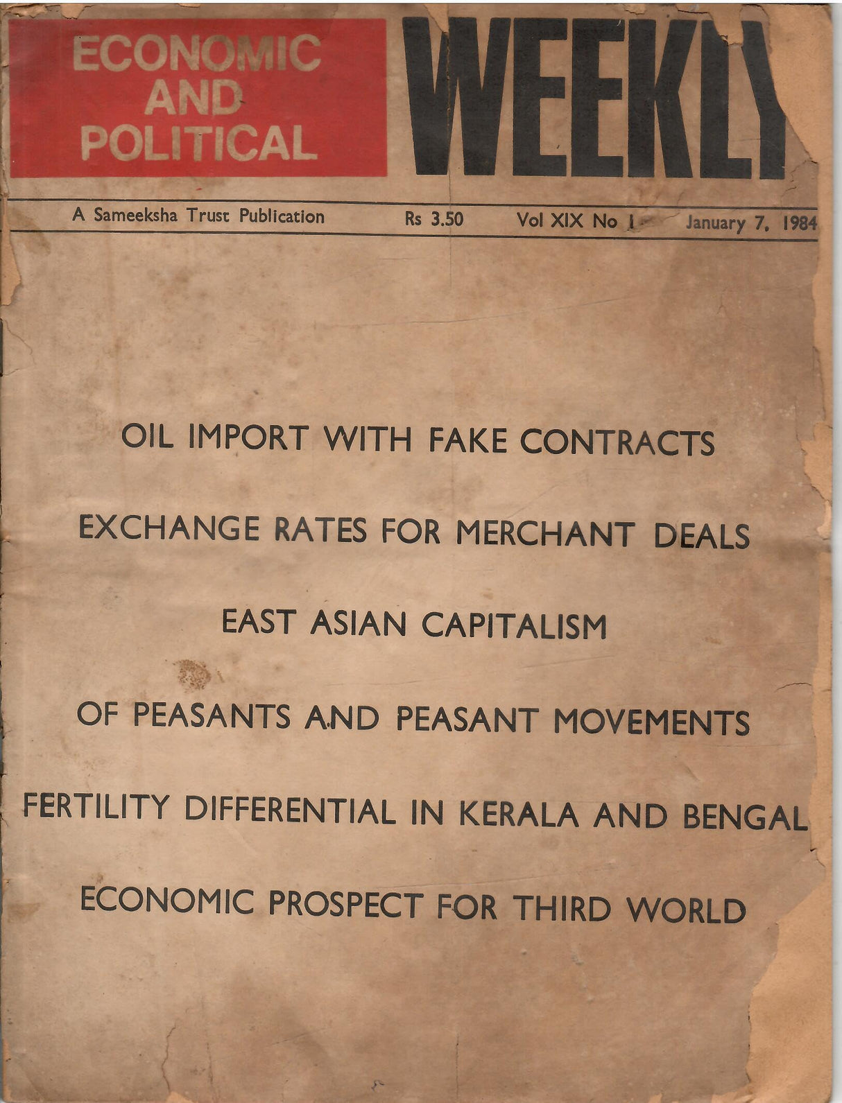 Economic And Political Weekly Vol.XIX,Nos.1-52, (Review Of Agriculture)1984