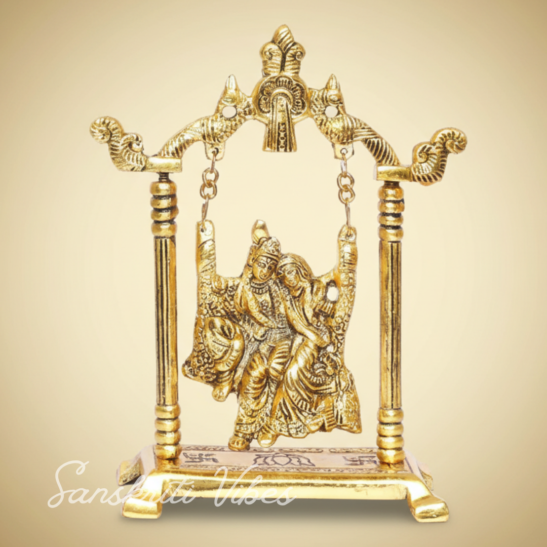 Radha Krishna on Swing Jhula Gold Plated Metal Statue for Home Decor Spiritual Decorative Showpiece - Retail Maharaj