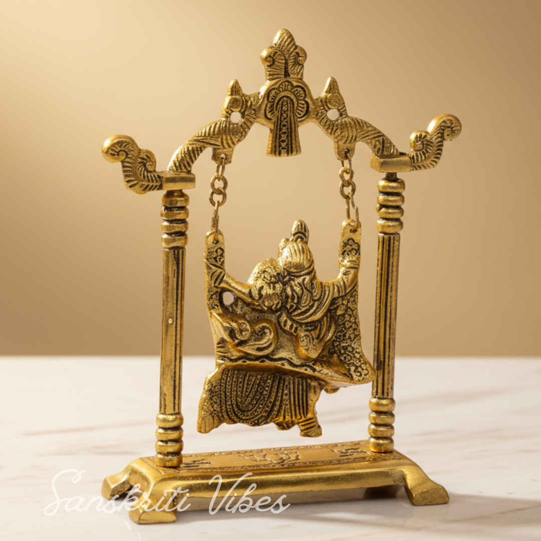 Radha Krishna on Swing Jhula Gold Plated Metal Statue for Home Decor Spiritual Decorative Showpiece - Retail Maharaj