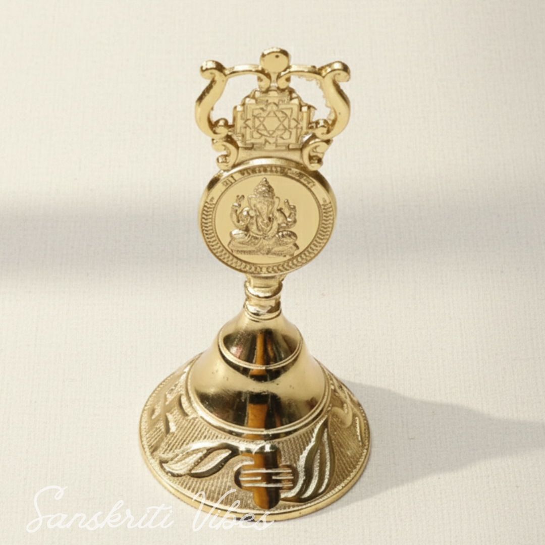 Antique Pooja Bells Metal Gold Kuber Ghanti – Handcrafted Aluminium Puja Bell with Kuber, Laxmi & Ganesh Embossed Design for Home & Office Mandir