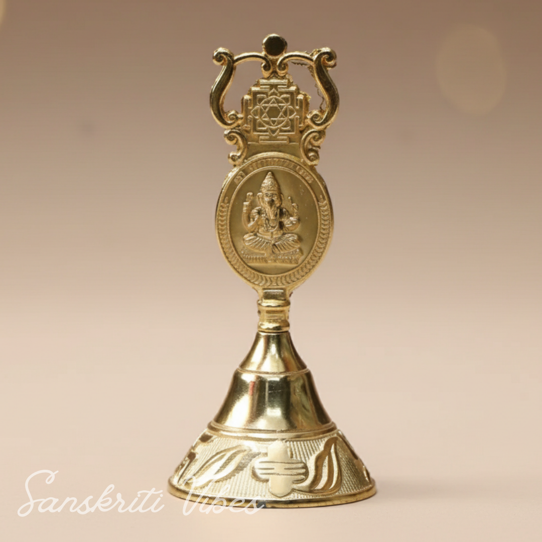 Antique Pooja Bells Metal Gold Kuber Ghanti – Handcrafted Aluminium Puja Bell with Kuber, Laxmi & Ganesh Embossed Design for Home & Office Mandir