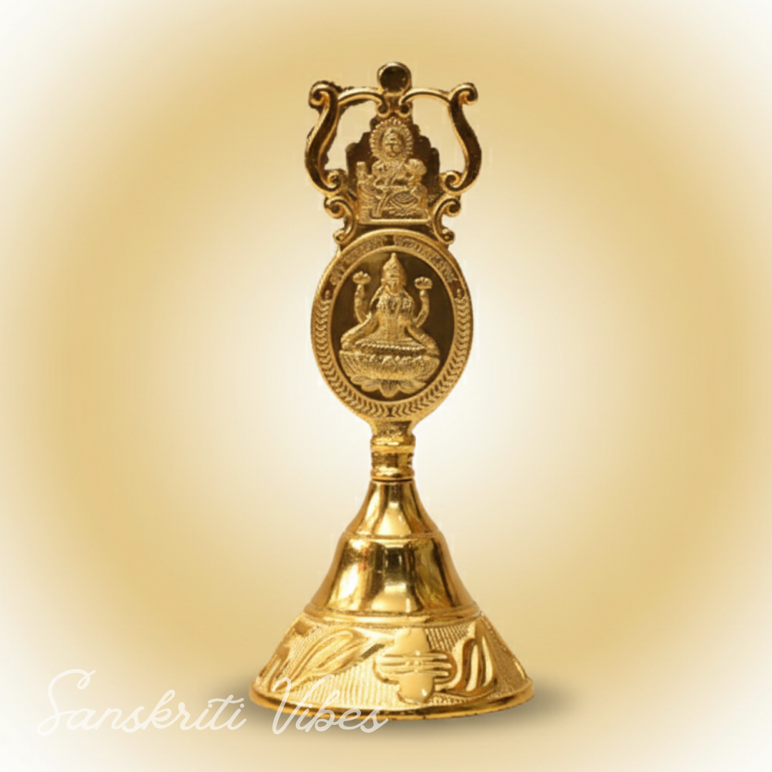 Antique Pooja Bells Metal Gold Kuber Ghanti – Handcrafted Aluminium Puja Bell with Kuber, Laxmi & Ganesh Embossed Design for Home & Office Mandir
