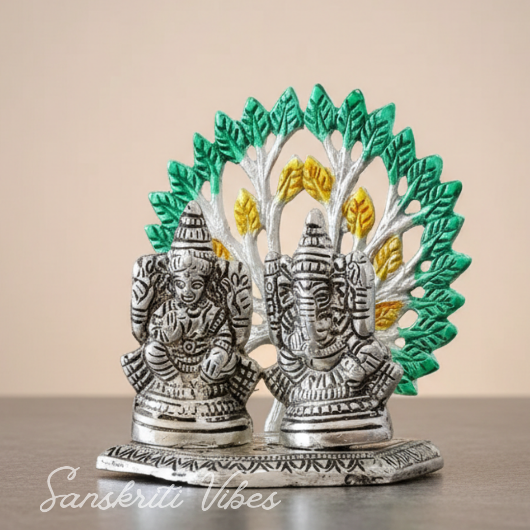 Metal Home Decorative Kalpavriksha Tree With Laxmi Ganesha Idols Silver Plated - Retail Maharaj