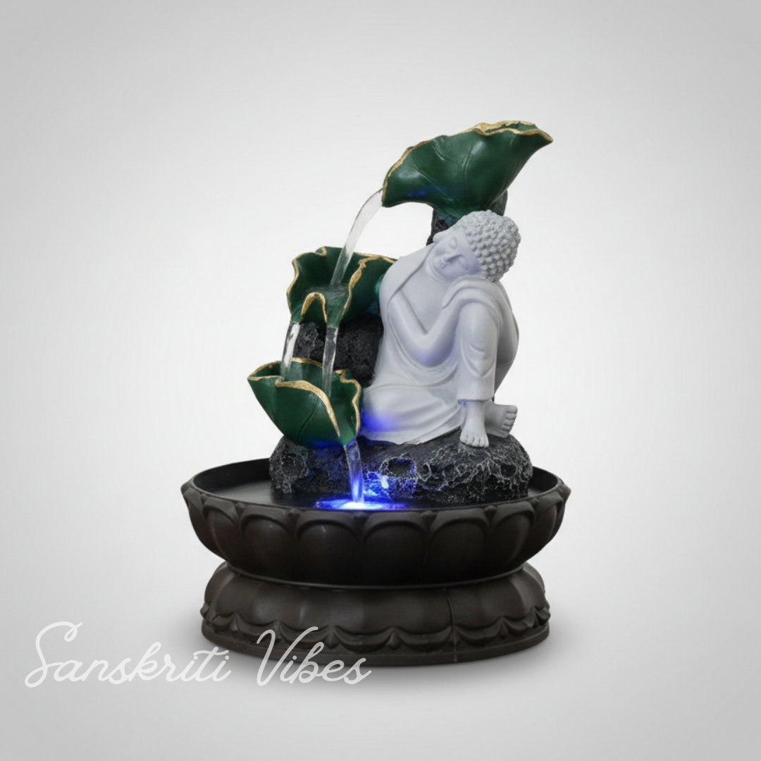 Buddha Resting Water Fountain Idol Polyresin Lotus Water Fountain Showpiece for Home Garden Living Room Decor Decoration Gift Items, 24 CM - Retail Maharaj