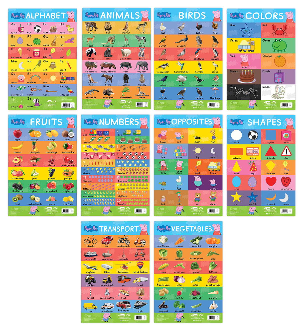 Peppa Pig - My First Early Learning Charts : Learning With Peppa (10 Charts - Alphabet, Animals, Birds, Colors, Fruits, Numbers, Opposites, Shapes, Transport, Vegetables) - Retail Maharaj