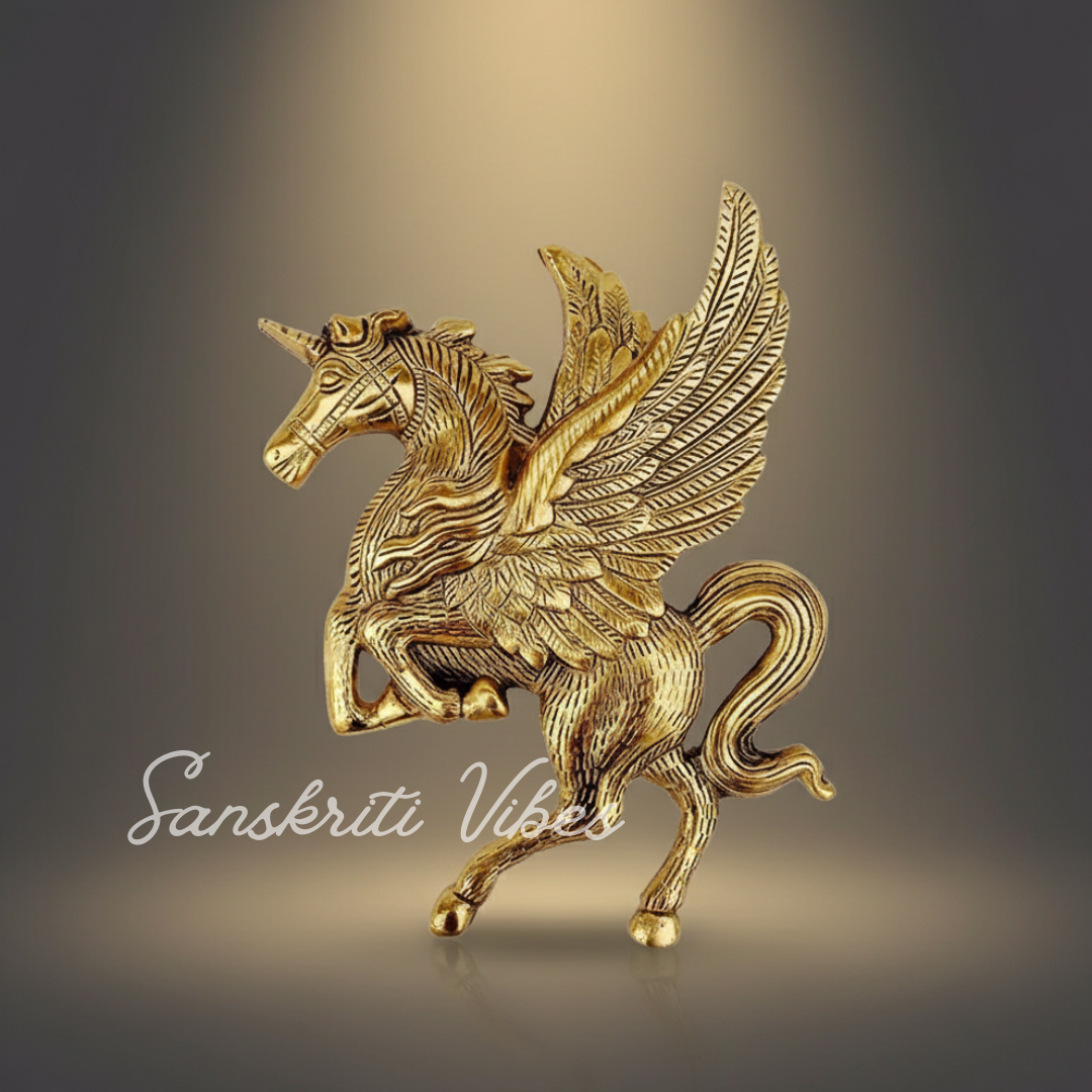 Golden Oxidized Flying Horse Metal Statue for Wealth Decorative Showpiece - Retail Maharaj