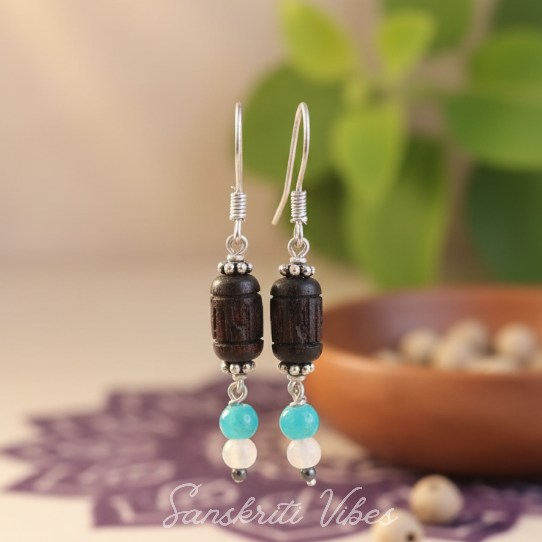 Handmade Beautifully Designed Radha Carved Tulsi Earrings – Divine Spiritual Jewelry - Retail Maharaj