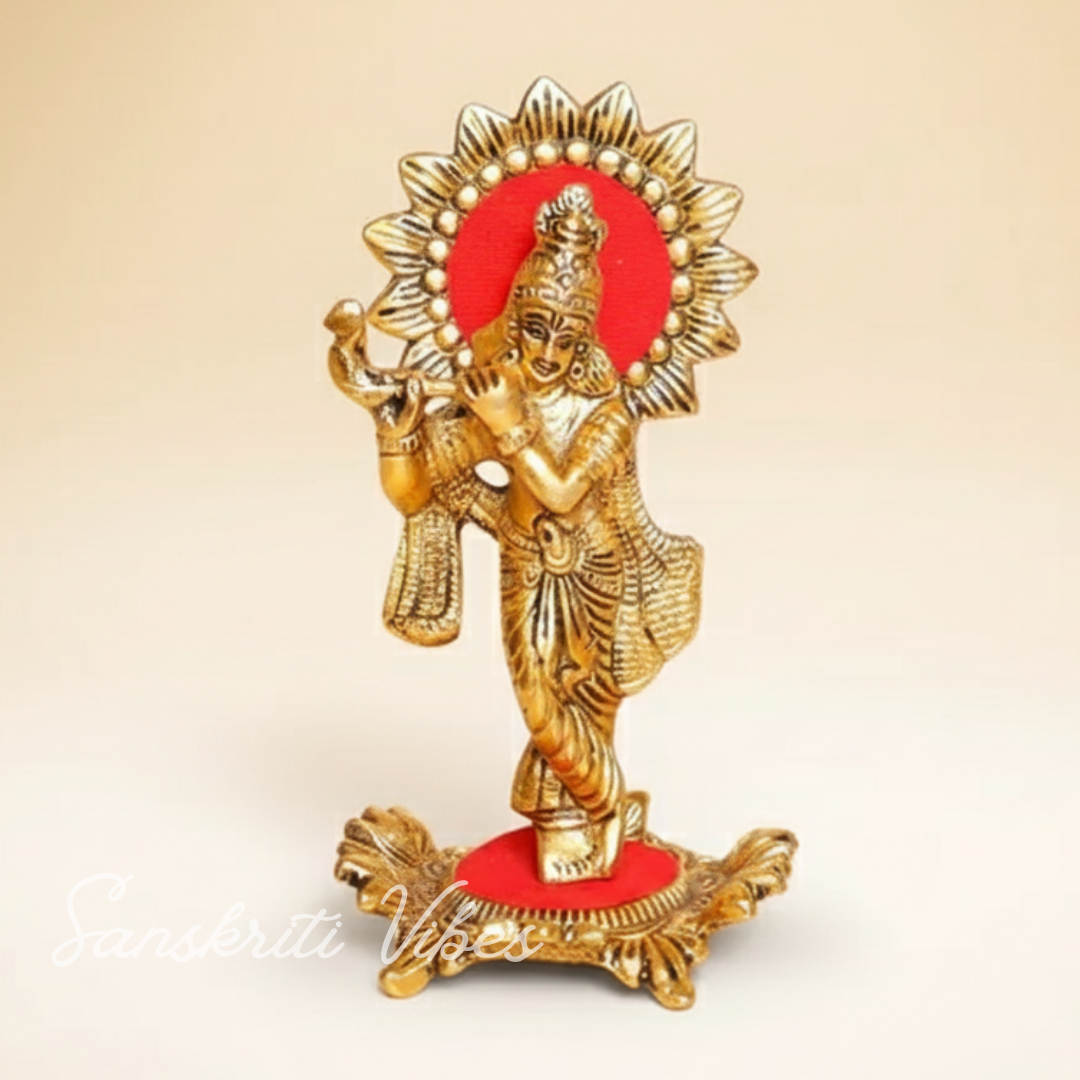 Handcrafted Lord Krishna Standing Playing Flute Gold Statue for Pooja Room and Home Decoration Aluminium Glossy Finish Idol - Retail Maharaj