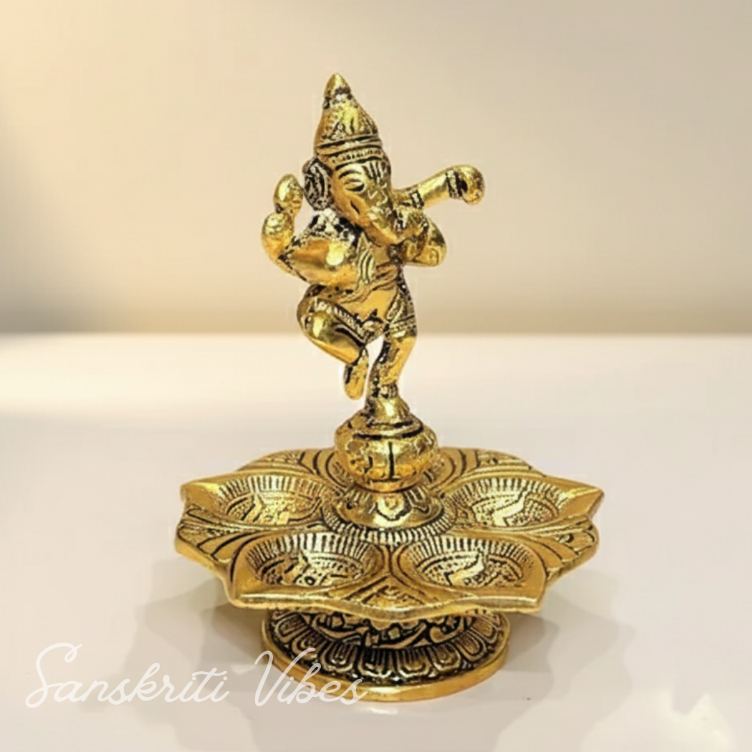Metal Panch Mukhi Diya Gold Plated with Dancing Ganesha Idols 5 Batti Diya for Home and Office Pooja Room Decoration - Retail Maharaj