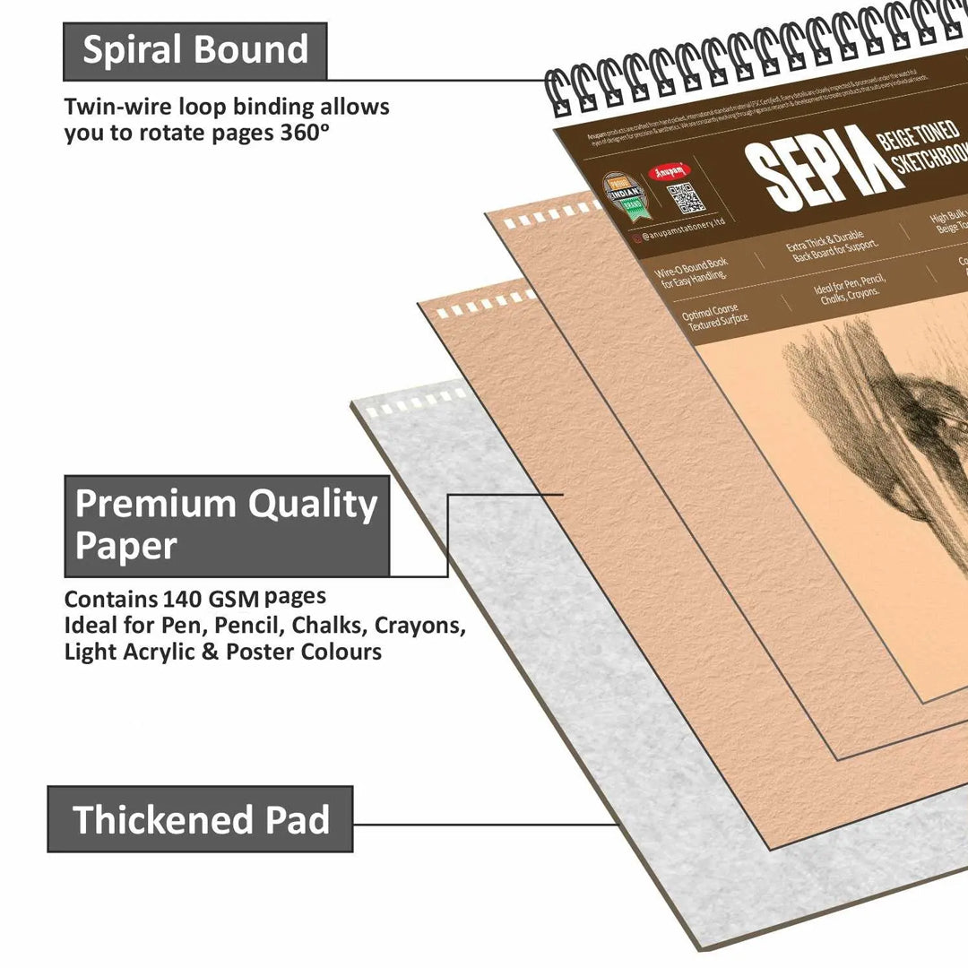 Anupam Sepia Beige Toned Sketchbook Wiro Bound 140GSM - Retail Maharaj