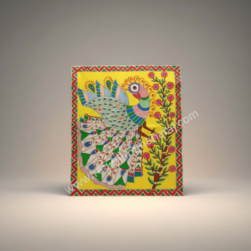 Handmade Madhubani Painting - Peacock on a Branch | Indian Folk Art on Salita Cloth - Retail Maharaj