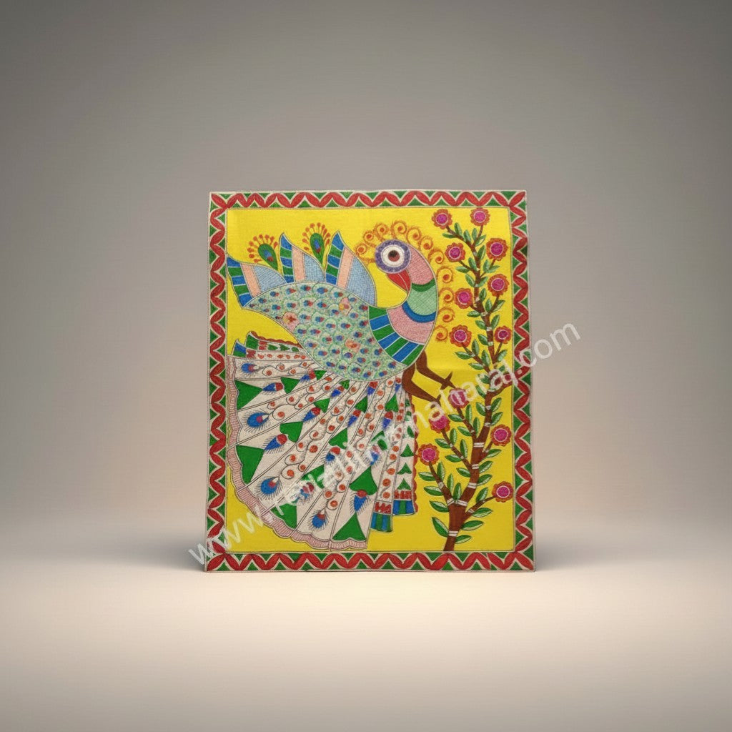 Handmade Madhubani Painting - Peacock on a Branch | Indian Folk Art on Salita Cloth - Retail Maharaj