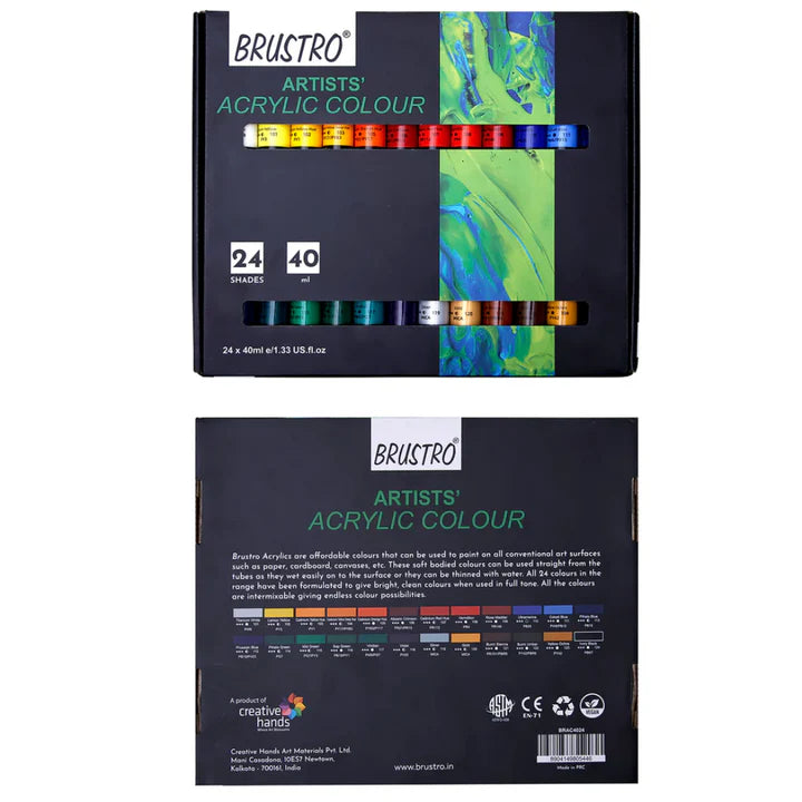 BRUSTRO Artists Acrylic Colour Paint Set of 24, 40ml Color Tubes - Retail Maharaj