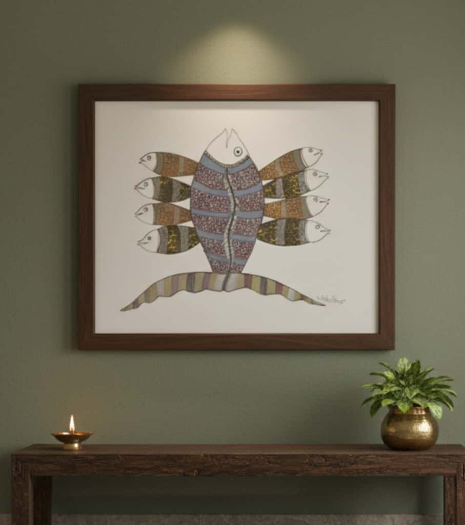 Authentic Gond Painting – Auspicious Fish Motif Tribal Art (11 × 15 Inch)