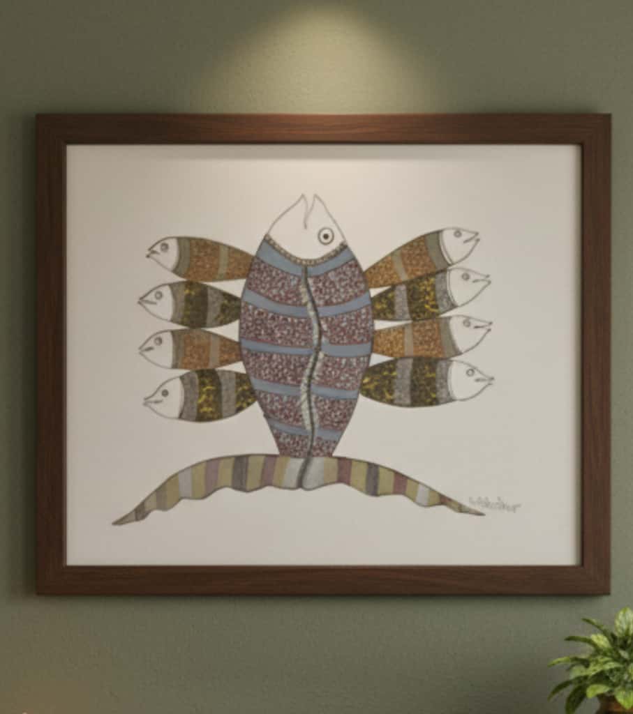 Authentic Gond Painting – Auspicious Fish Motif Tribal Art (11 × 15 Inch)