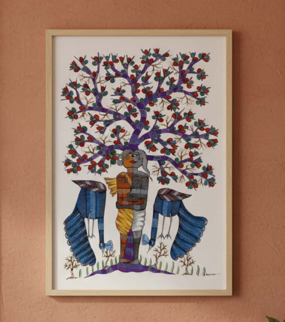 Authentic Gond Painting – Tree of Life with Guardian Birds Tribal Art (36 × 24 Inch)