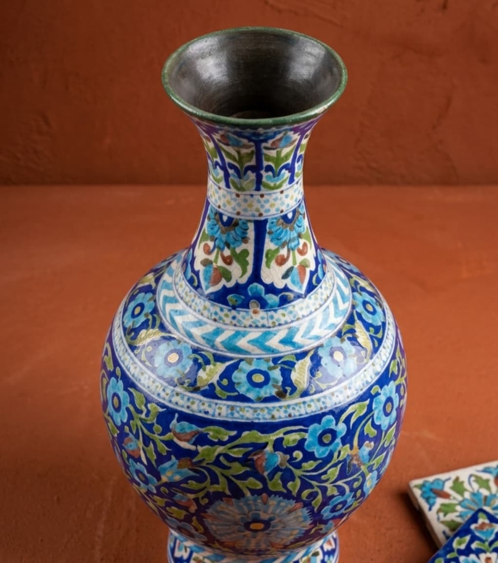 Grand Azure Lattice Hand-Painted Jaipur Blue Pottery Statement Vase (20 Inch)