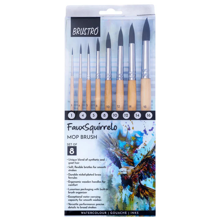 BRUSTRO Faux Squirrelo Mop Brush Round Set of 8 - Retail Maharaj