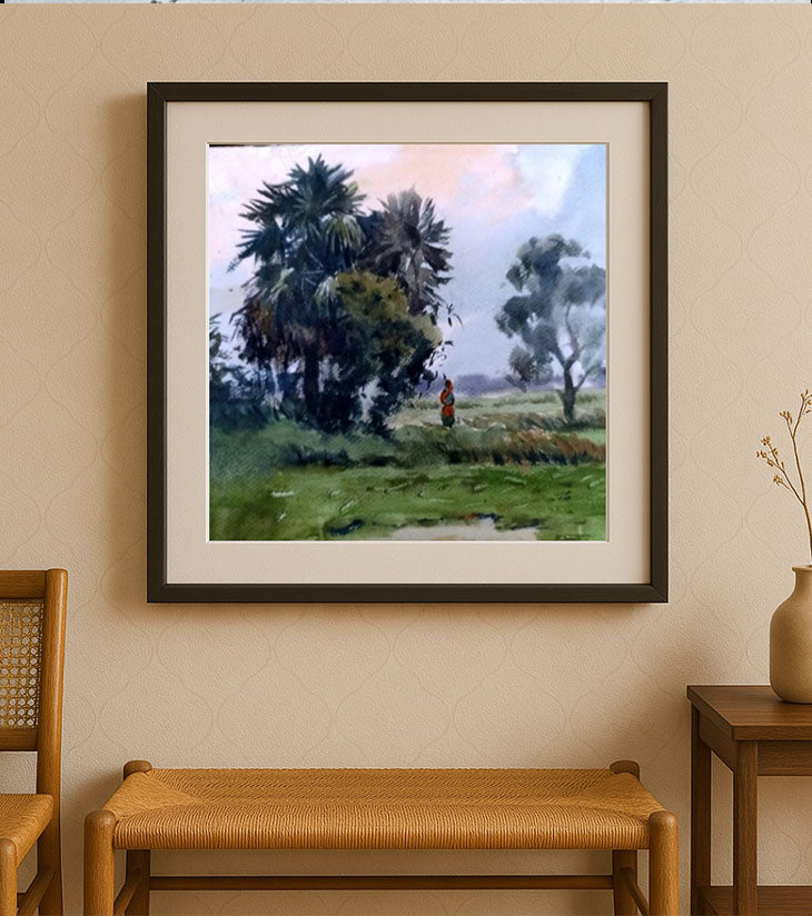 Banglar Khet Original Watercolour Landscape Painting by Ranjan Kurmi (A3 Size)