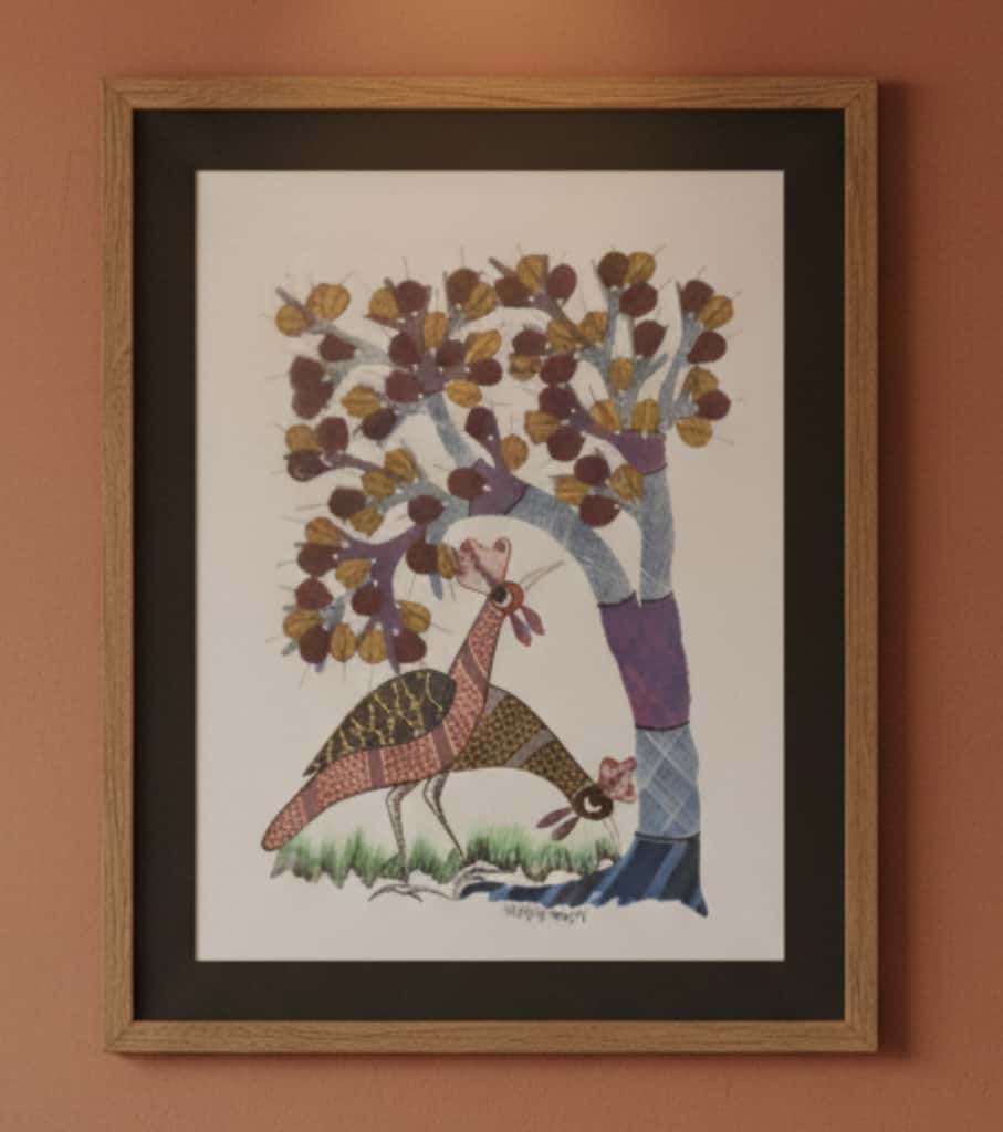 Authentic Gond Painting – Pair of Birds Under the Tree of Life Folk Art (11 × 15 Inch)