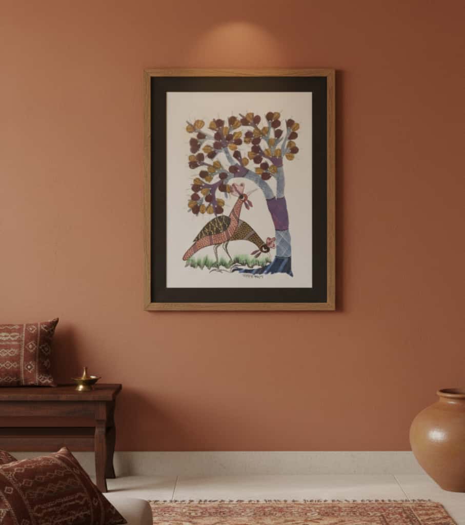 Authentic Gond Painting – Pair of Birds Under the Tree of Life Folk Art (11 × 15 Inch)