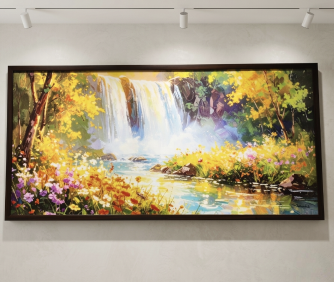 Cascade of Light in Blooming Silence – Digital Artwork by Debashis Sen (48 × 24 Inch)c