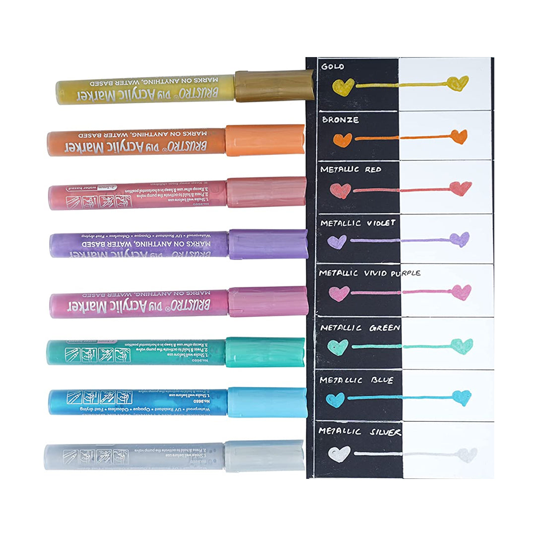 Brustro Acrylic DIY Marker Set of 8 Metallic Shades with 2mm Bullet Tip for Art Craft and Multi Surface Use - Retail Maharaj