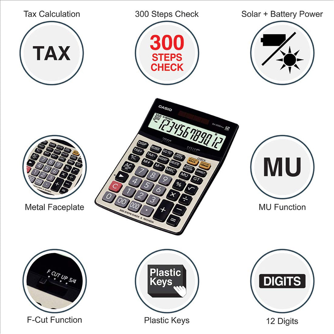 CASIO Desktop Calculator DJ-220D Plus with Metallic Faceplate & Bigger Screen - Retail Maharaj